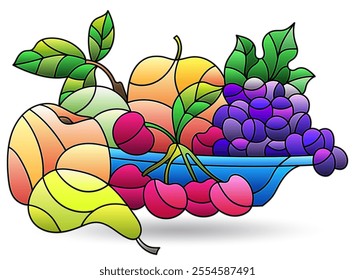 Stained glass illustration with still life, vase with fruits and berries isolated on a white background