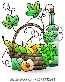 Stained glass illustration with still life, fruit basket isolated on a white background