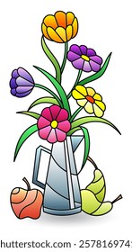 Stained glass illustration with still life, flowers and fruits isolated on a white background