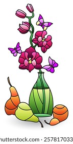 Stained glass illustration with still life, flowers and fruits isolated on a white background