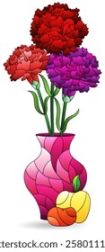 Stained glass illustration with still life, carnation flowers  isolated on a white background