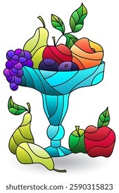 Stained glass illustration with still life, vase with fruits and berries isolated on a white background