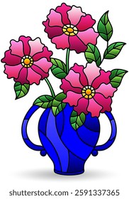 Stained glass illustration with still life, vase with flowers and fruits isolated on a white background