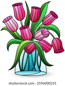 Stained glass illustration with still life, vase with tulip flowers isolated on a white background