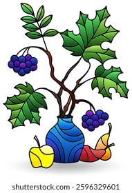 Stained glass illustration with still life, vase with branches and fruits isolated on a white background