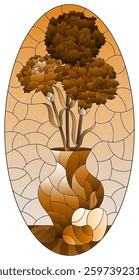 Stained glass illustration with still life, carnations in a vase and fruits on a sky background, tone brown