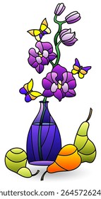 Stained glass illustration with still life, flowers and fruits isolated on a white background
