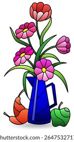 Stained glass illustration with still life, flowers and fruits isolated on a white background