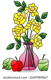 Stained glass illustration with still life, flowers and fruits isolated on a white background