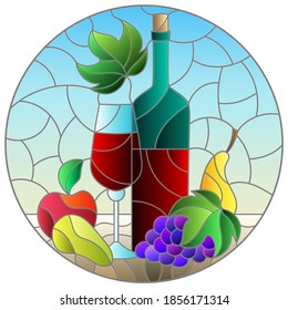 Stained glass illustration with still life,wine bottle, glass and fruit, round image