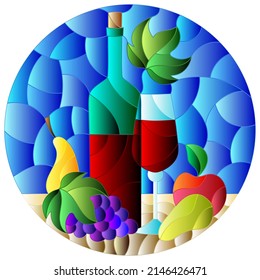 Stained glass illustration with still life,wine bottle, glass and fruit, round image