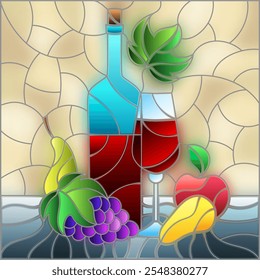 Stained glass illustration with still life,wine bottle, glass and fruit, square image