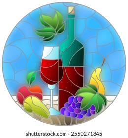 Stained glass illustration with still life,wine bottle, glass and fruit, round image