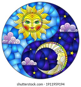 Stained glass illustration with the sun and moon in the shape of the Yin yang sign, round image