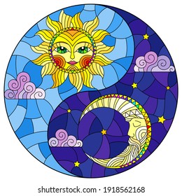 Ilustración de vidrio manchado con el sol y la luna en forma de símbolo Yin yang, imagen redonda