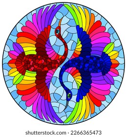 Stained glass illustration with two abstract birds in the form of yang yin, on a blue sky background, round image