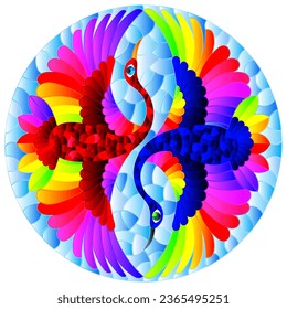 Stained glass illustration with two abstract birds in the form of yang yin, on a blue sky background, round image