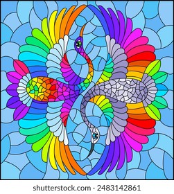 Stained glass illustration with two abstract birds in the form of yang yin, on a blue sky background