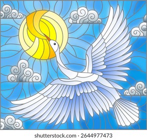 A stained glass illustration with a white Swan flying against a cloudy blue sky and the sun