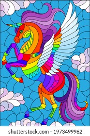 Stained glass illustration with winged bright rainbow cartoon unicorn against a cloudy blue sky