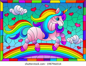 Stained glass illustration with winged bright rainbow cartoon unicorn against a cloudy blue sky and rainbow, in bright frame