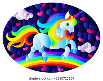 Stained glass illustration with winged bright rainbow cartoon unicorn against a cloudy blue sky and rainbow, oval image