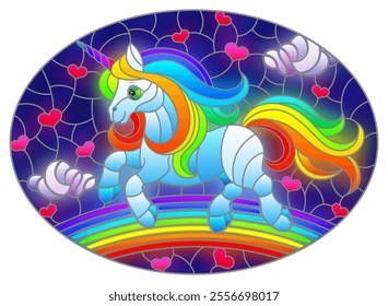 Stained glass illustration with winged bright rainbow cartoon unicorn against a cloudy blue sky and rainbow, oval image