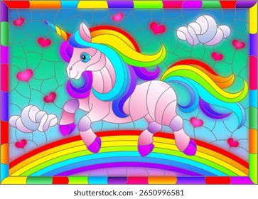 Ilustração de vidro manchado com unicórnio de desenho animado de arco-íris brilhante alado contra um céu azul nublado e arco-íris, em quadro brilhante