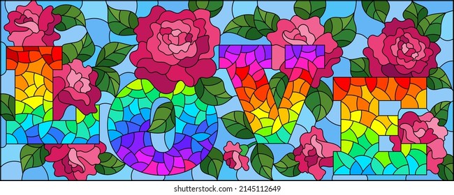 Stained glass illustration with the word love and rose flowers on a blue background