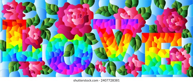 Stained glass illustration with the word love and rose flowers on a blue background