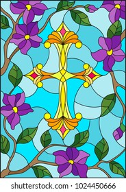 Stained glass illustration with a  yellow Christian cross in the sky and purple flowers