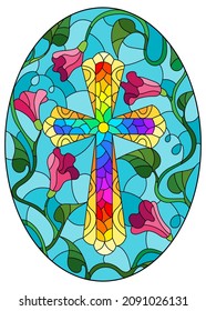 Stained glass illustration with a  yellow Christian cross in the sky and pink flowers, oval image