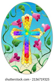 Stained glass illustration with a  yellow Christian cross in the sky and pink flowers, oval image