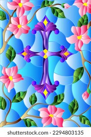 Stained glass illustration with a  yellow Christian cross and pink flowers on a blue sky background