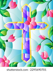 Stained glass illustration with a  yellow Christian cross and pink flowers on a blue sky background