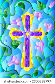 Stained glass illustration with a  yellow Christian cross and purple flowers on a blue sky background