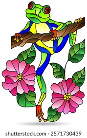 Stained glass illustrations with abstract frog on tree branch, isolated on a white background