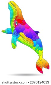 Stained glass illustrations with abstract whale, animal isolated on a white background
