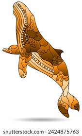 Stained glass illustrations with abstract whale, animal isolated on a white background, tone brown