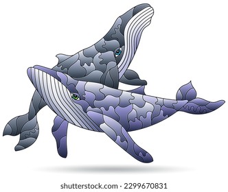 Stained glass illustrations with abstract whales, animals isolated on a white background