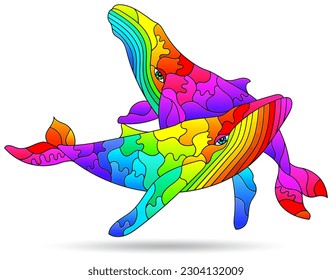 Stained glass illustrations with abstract whales, animals isolated on a white background