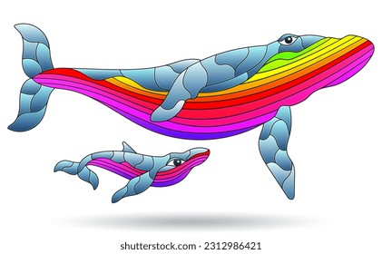 Stained glass illustrations with abstract whales, animals isolated on a white background