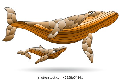 Stained glass illustrations with abstract whales, animals isolated on a white background, tone brown