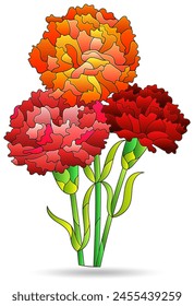 Stained glass illustrations with bouquet of carnations, flowers isolated on a white background