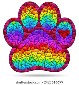 Stained glass illustrations with bright cat paw isolated on a white background