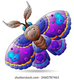 Stained glass illustrations with bright moth, animal isolated on a white background