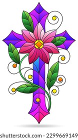 Stained glass illustrations with Christian crosses isolated on a white background