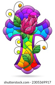 Stained glass illustrations with Christian crosses isolated on a white background