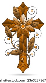 Stained glass illustrations with Christian crosses isolated on a white background, tone brown