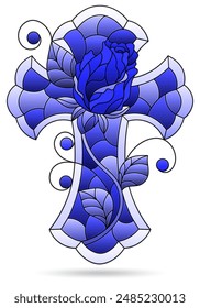 Stained glass illustrations with Christian crosses isolated on a white background, tone blue